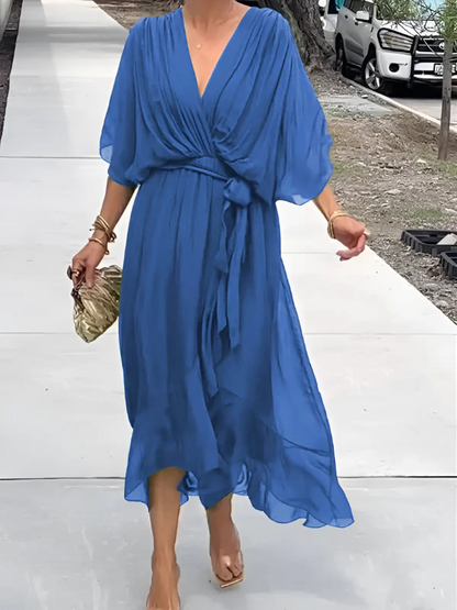 Women's Butterfly-Sleeve Midi Dress with Bow Belt