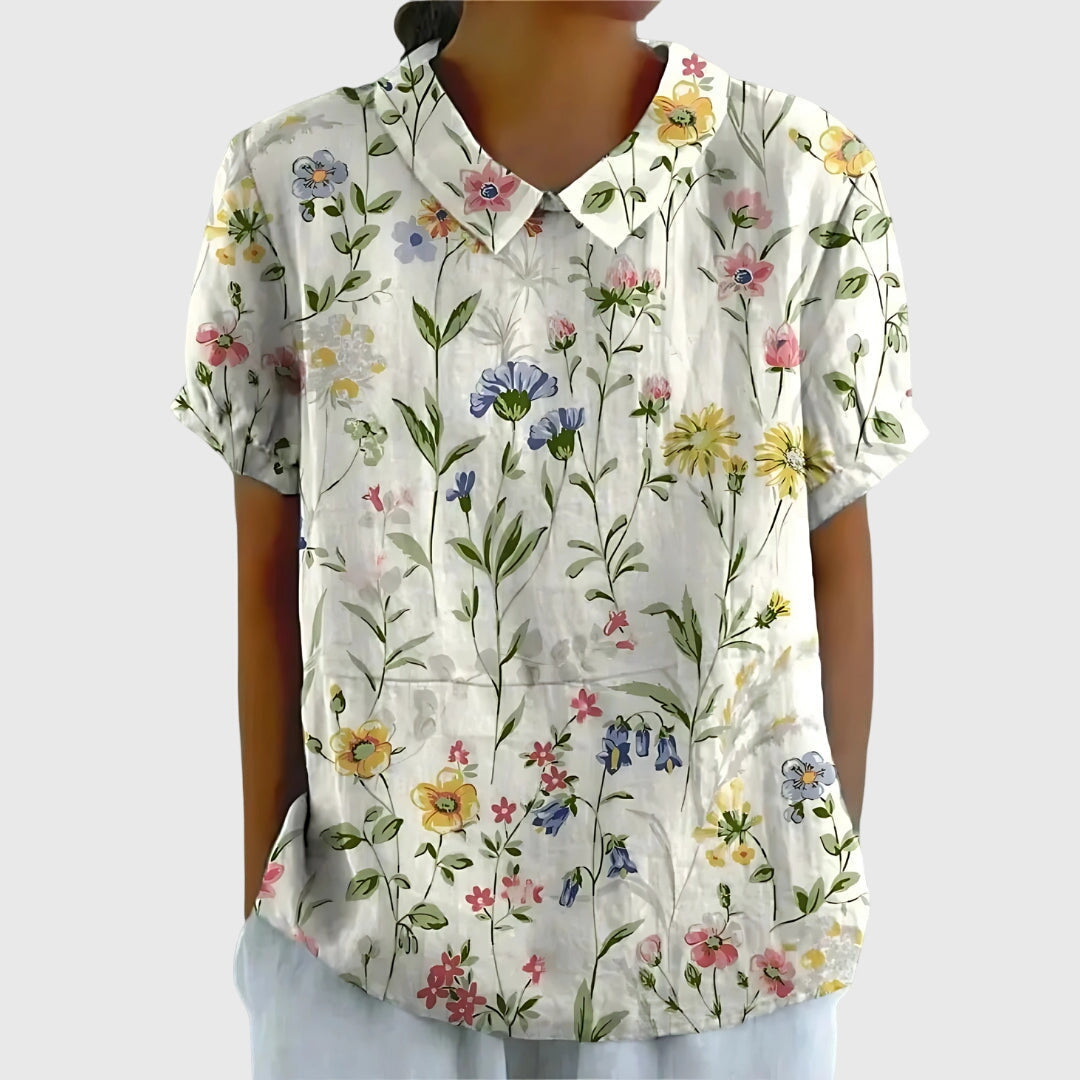 Women's Short-Sleeve Blouse with Floral Accent Collar