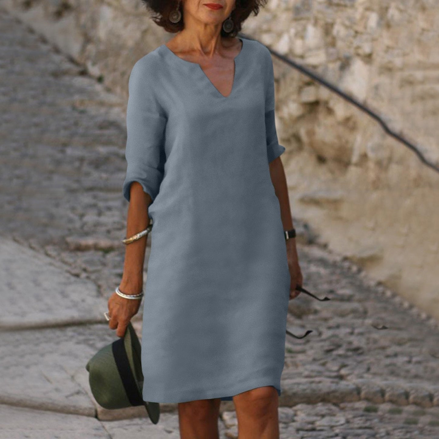 Women's Plain V-Neck Knee-Length Dress