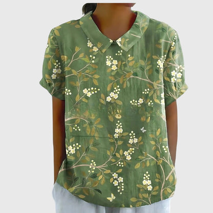 Women's Short-Sleeve Blouse with Floral Accent Collar