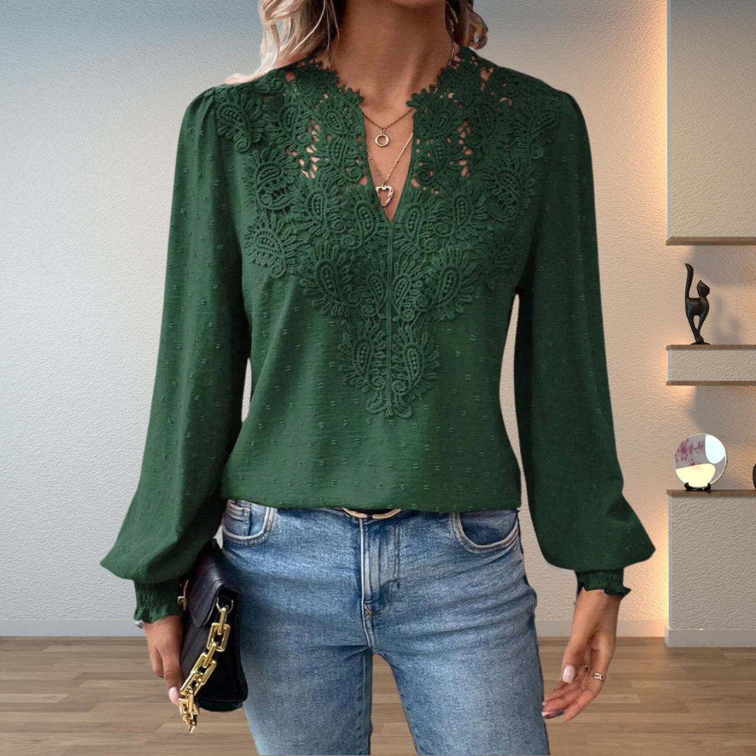 Women's Long-Sleeve V-Neck Blouse with Floral Accents