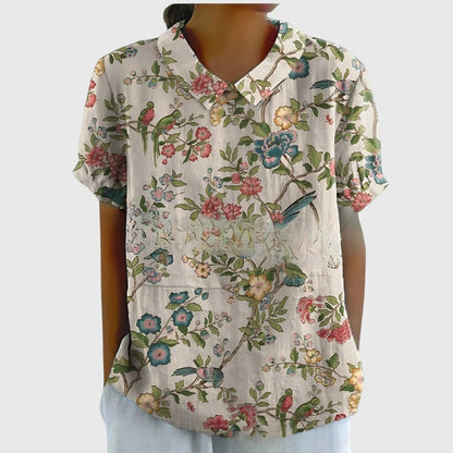 Women's Short-Sleeve Blouse with Floral Accent Collar