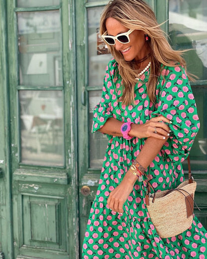 Women's Flowy Patterned V-Neck Maxi Dress