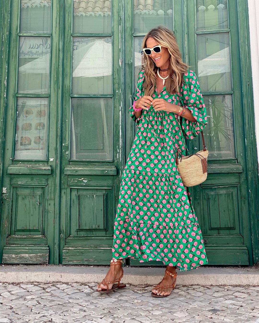 Women's Flowy Patterned V-Neck Maxi Dress