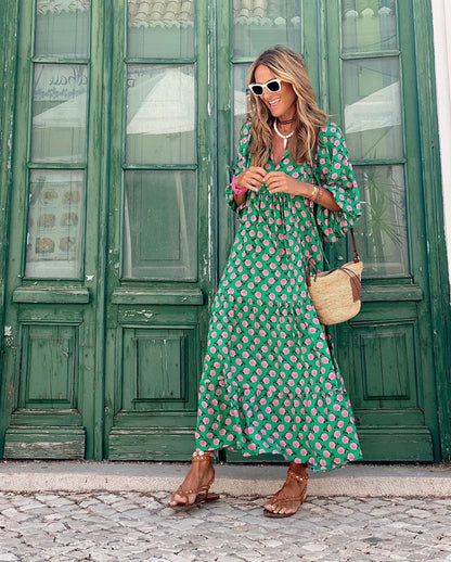 Women's Flowy Patterned V-Neck Maxi Dress