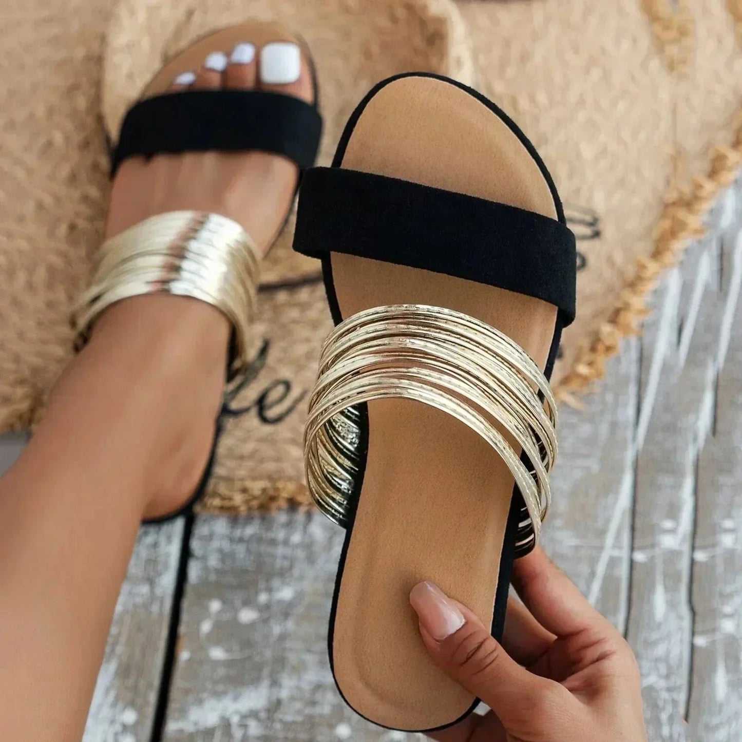 Women's Double-Strap Open-Toe Slide Flats