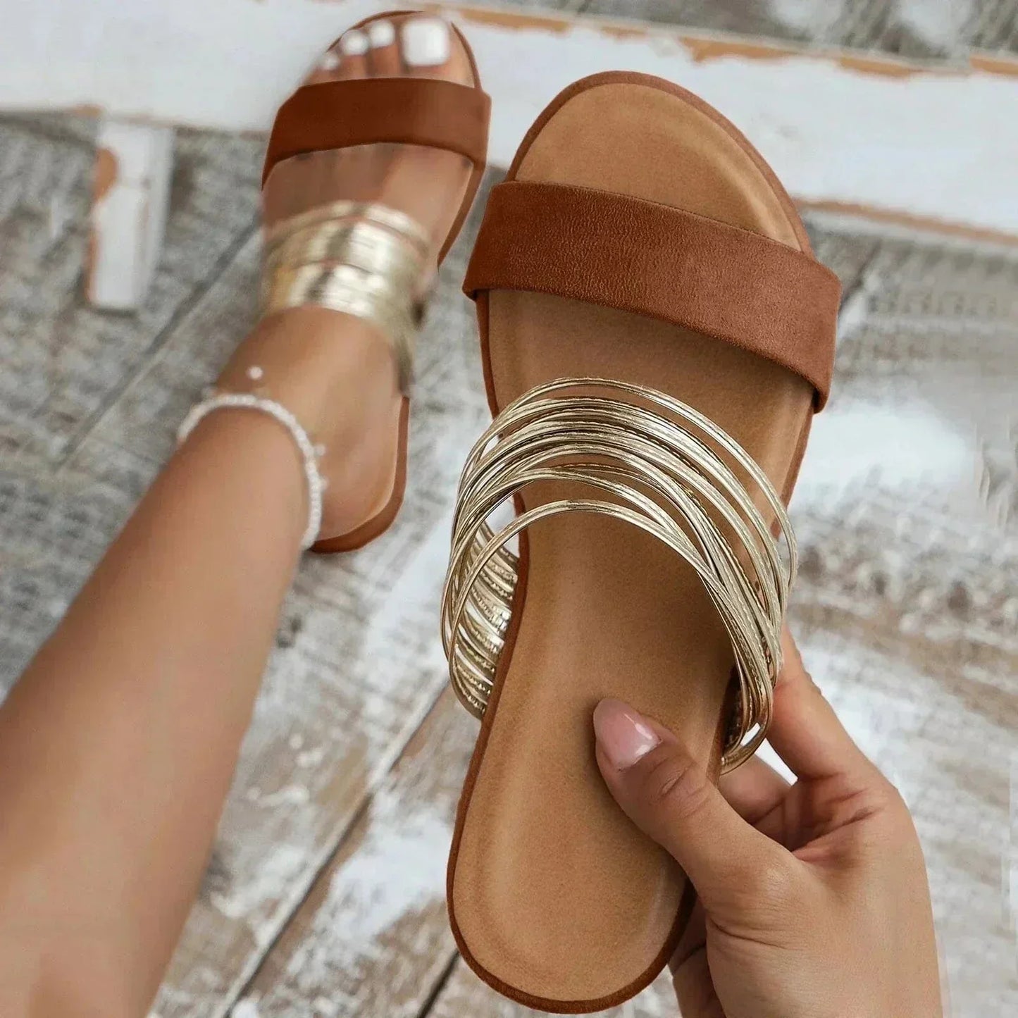 Women's Double-Strap Open-Toe Slide Flats