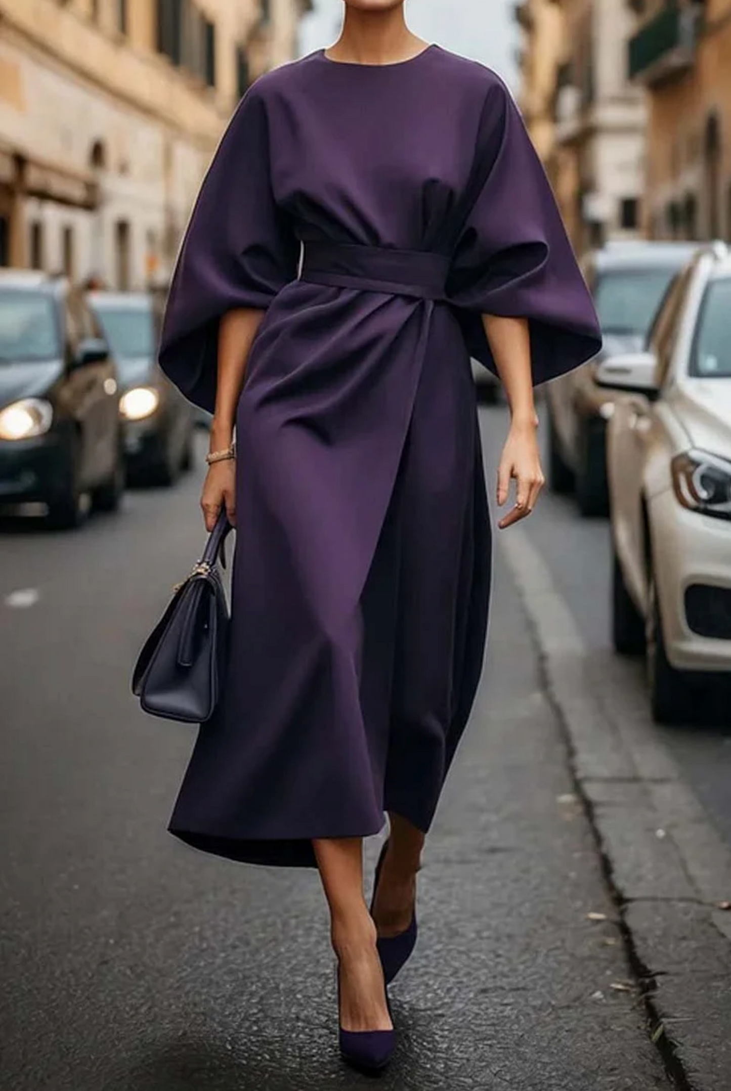 Women's Kimono-Sleeve Belted Midi Dress