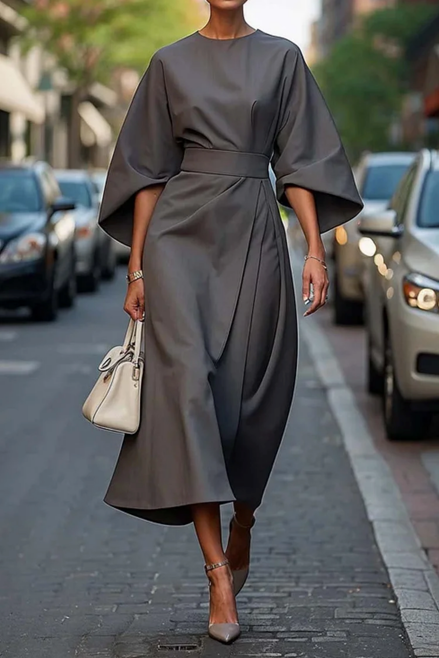 Women's Kimono-Sleeve Belted Midi Dress