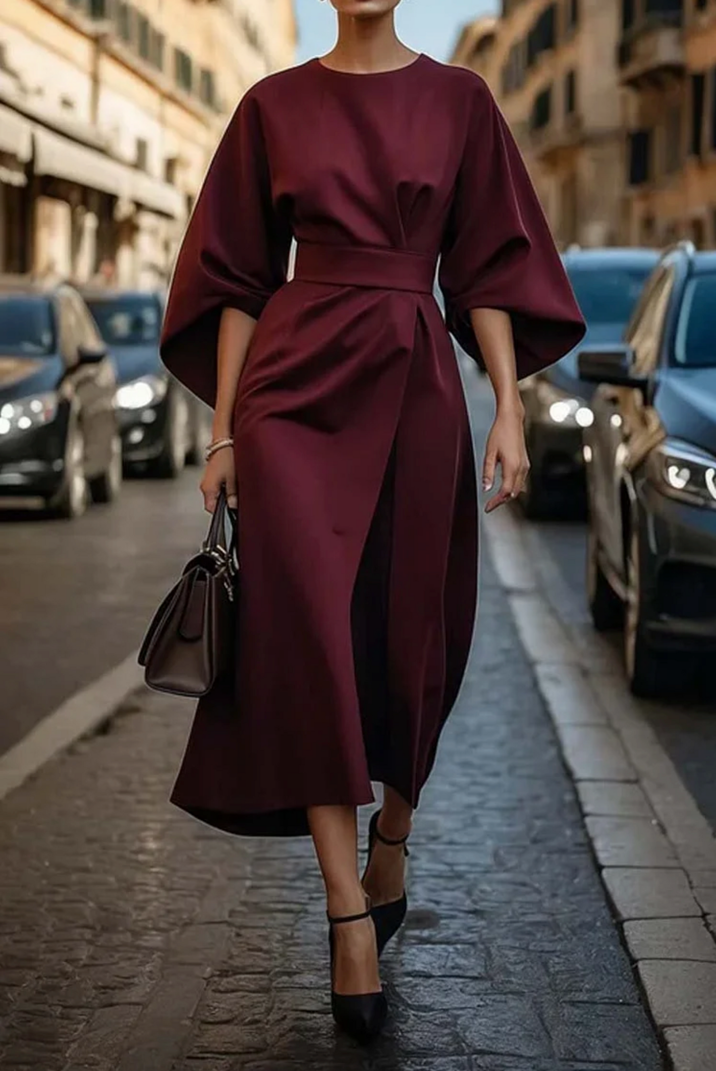 Women's Kimono-Sleeve Belted Midi Dress