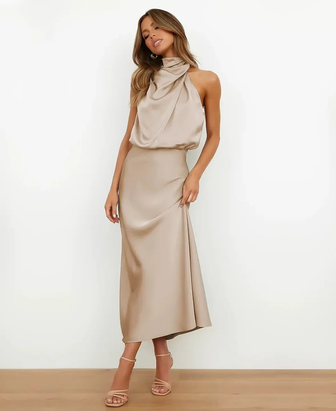 Women's Halter-Neck Satin Formal Midi Dress