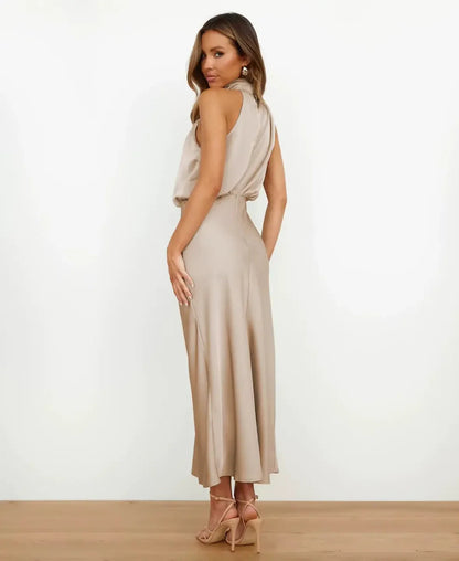 Women's Halter-Neck Satin Formal Midi Dress