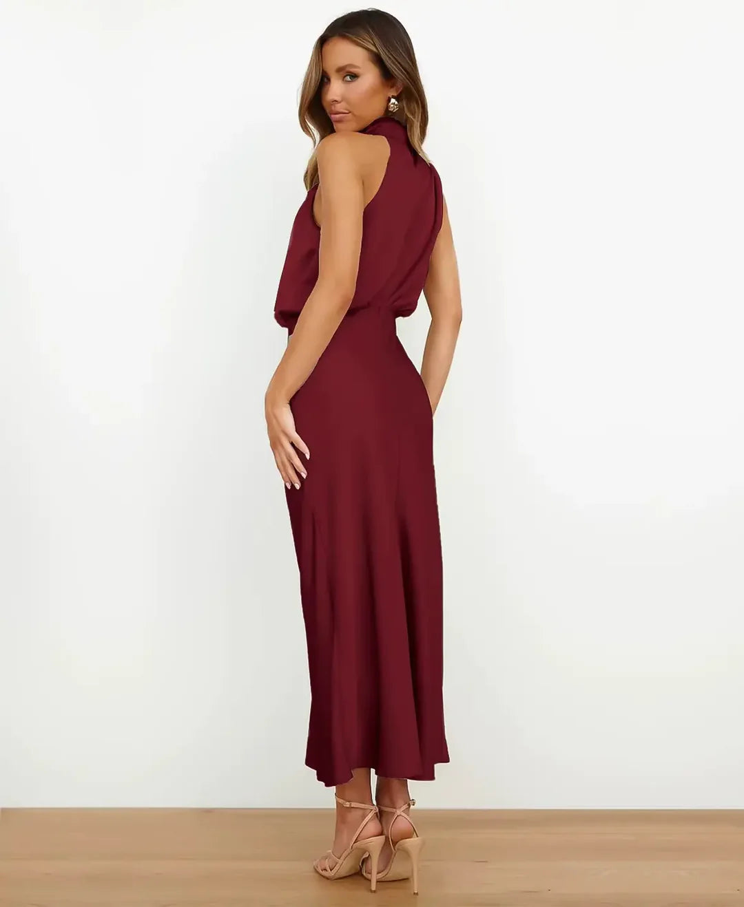 Women's Halter-Neck Satin Formal Midi Dress