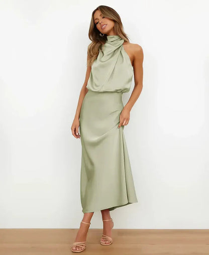 Women's Halter-Neck Satin Formal Midi Dress