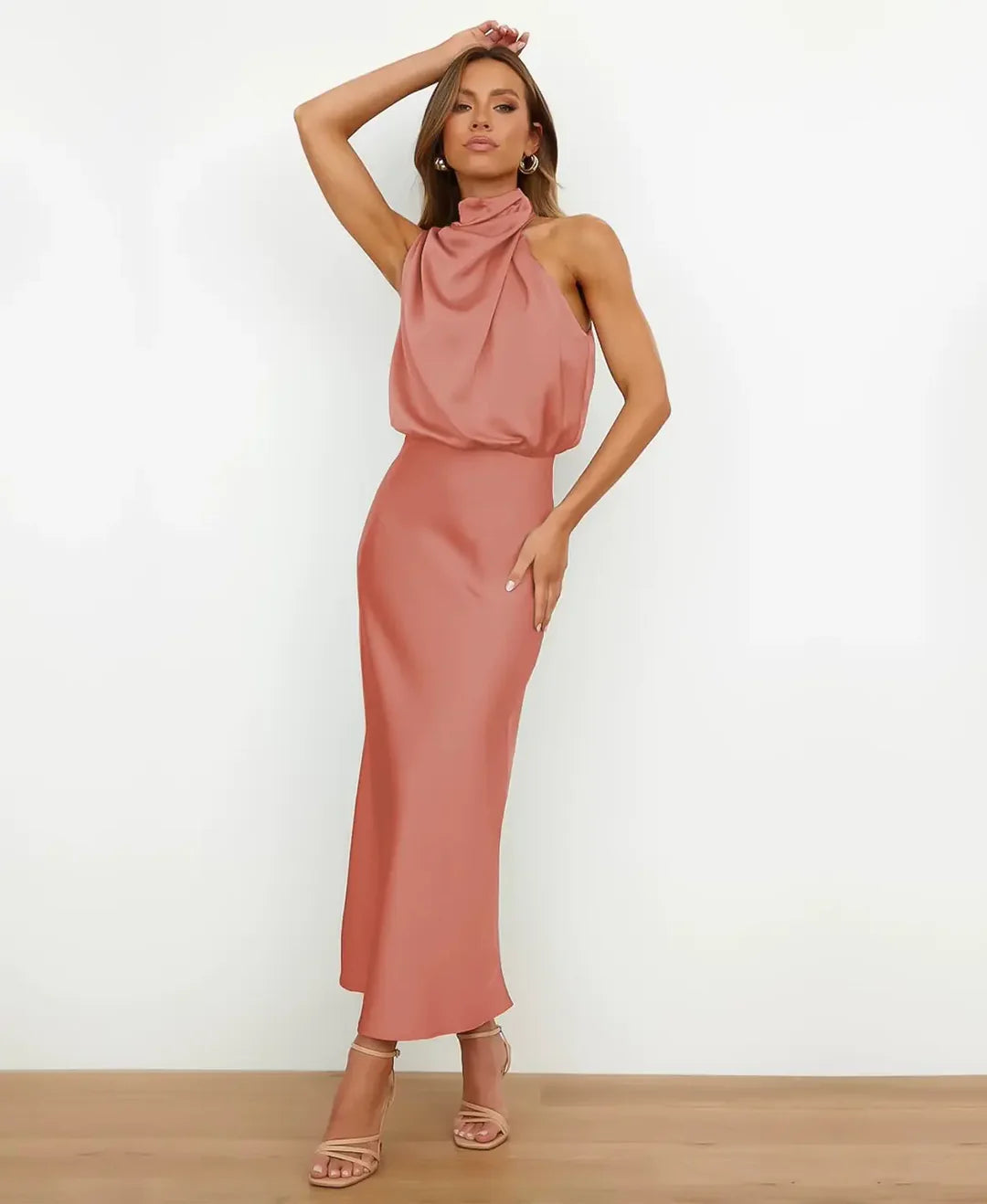 Women's Halter-Neck Satin Formal Midi Dress