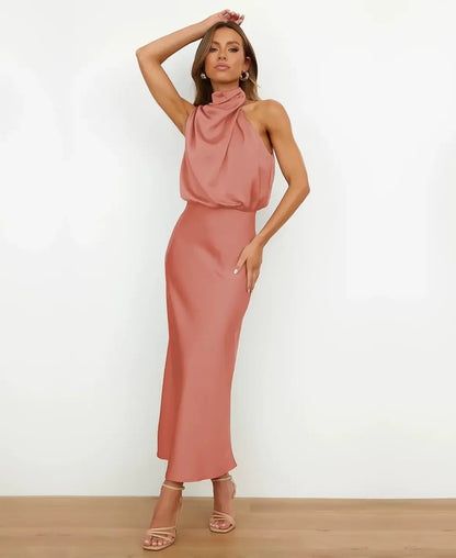 Women's Halter-Neck Satin Formal Midi Dress