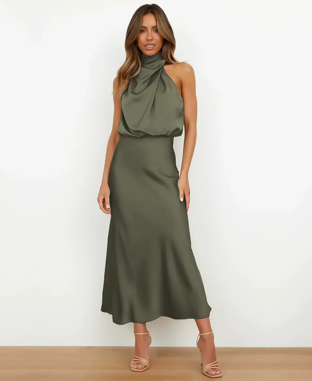 Women's Halter-Neck Satin Formal Midi Dress