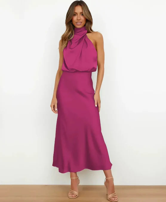 Women's Halter-Neck Satin Formal Midi Dress