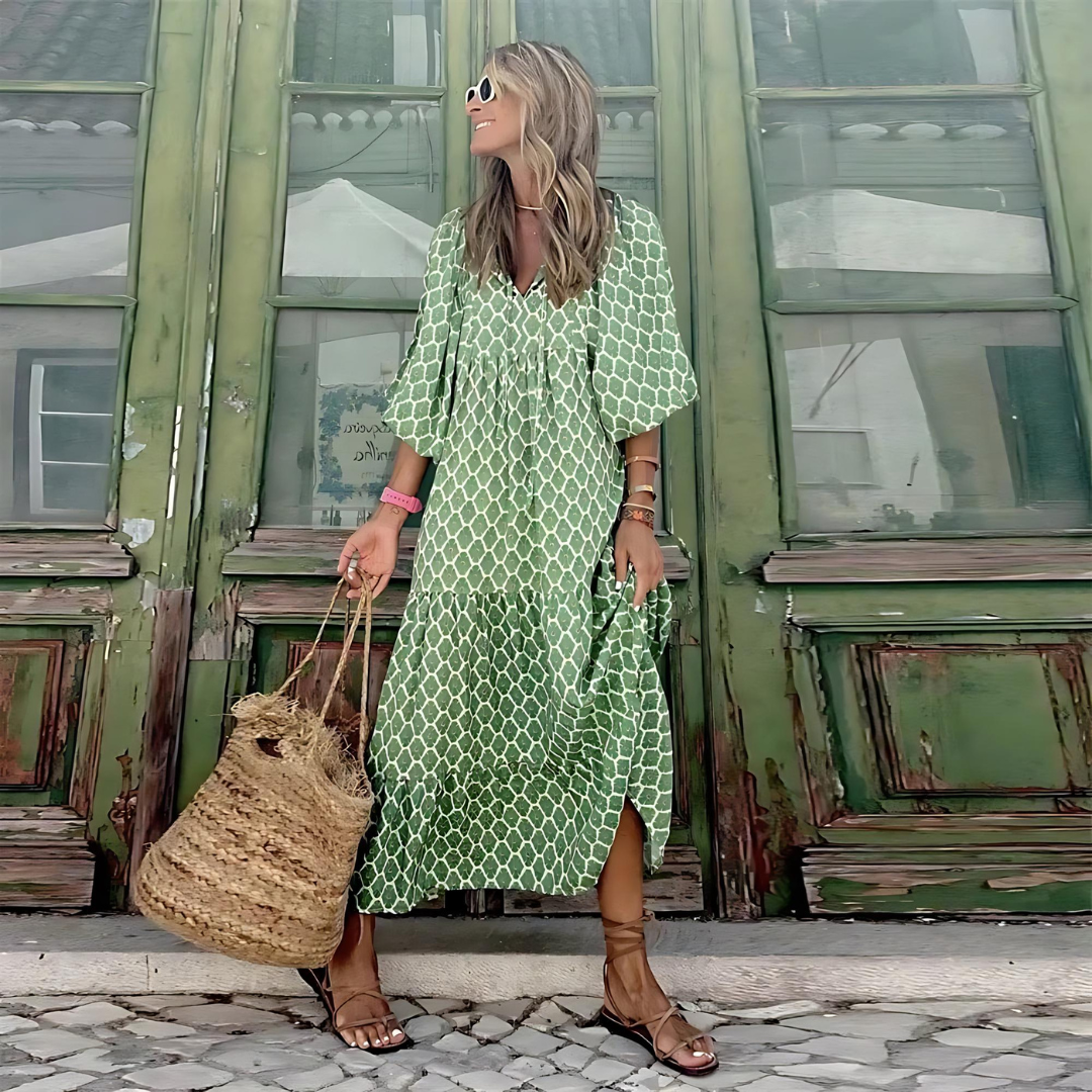 Women's Flowy Patterned V-Neck Maxi Dress