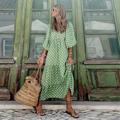 Women's Flowy Patterned V-Neck Maxi Dress