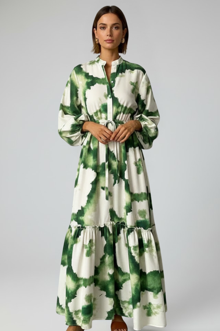 Women's Long-Sleeve Patterned V-Neck Maxi Dress