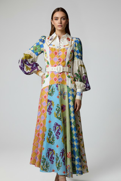 Women's Long-Sleeve Patterned V-Neck Maxi Dress