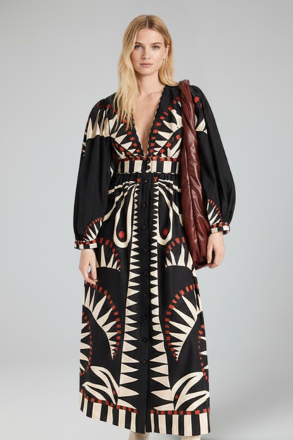 Women's Long-Sleeve Patterned V-Neck Maxi Dress