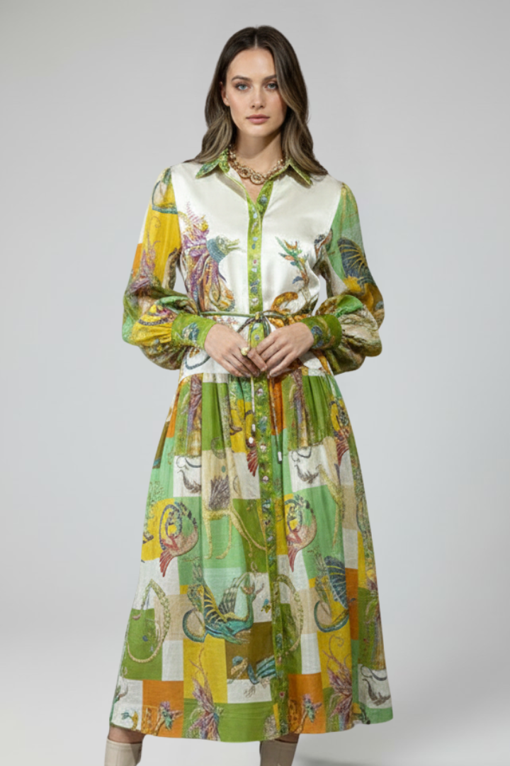 Women's Long-Sleeve Patterned V-Neck Maxi Dress