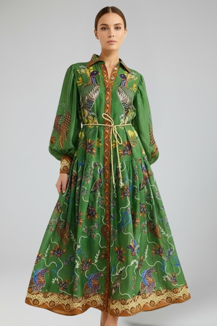 Women's Long-Sleeve Patterned V-Neck Maxi Dress