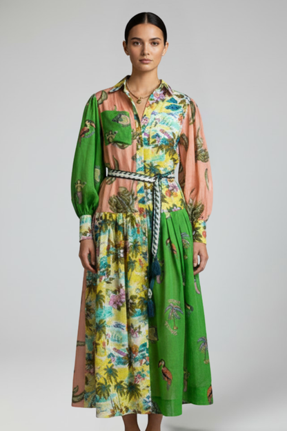 Women's Long-Sleeve Patterned V-Neck Maxi Dress