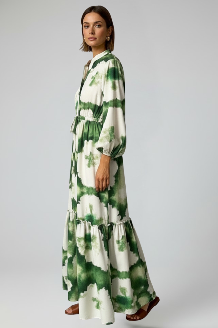 Women's Long-Sleeve Patterned V-Neck Maxi Dress