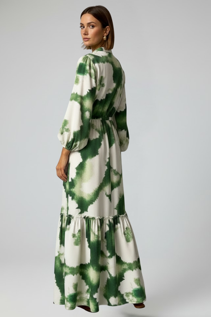 Women's Long-Sleeve Patterned V-Neck Maxi Dress