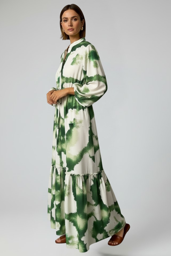 Women's Long-Sleeve Patterned V-Neck Maxi Dress