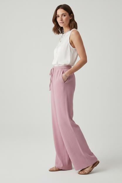Women's Elastic Waist Palazzo Trousers with Side Pockets