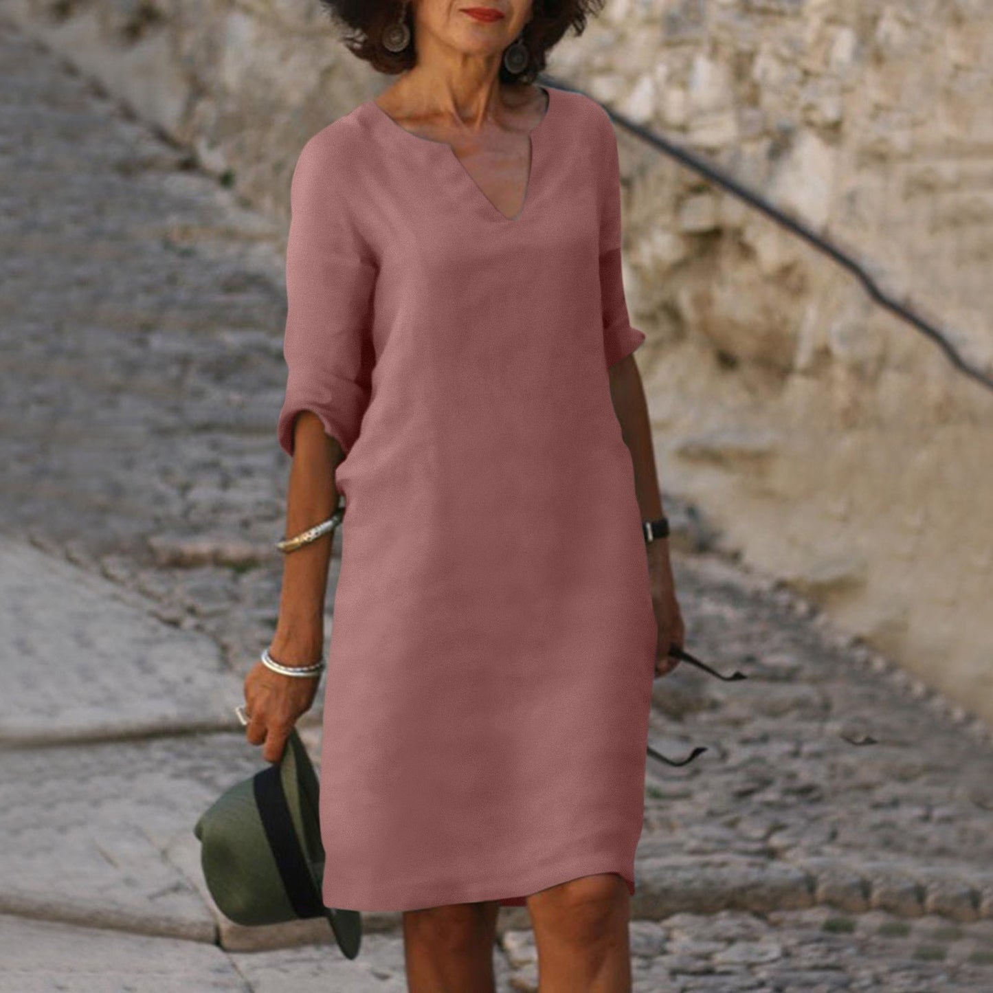 Women's Plain V-Neck Knee-Length Dress