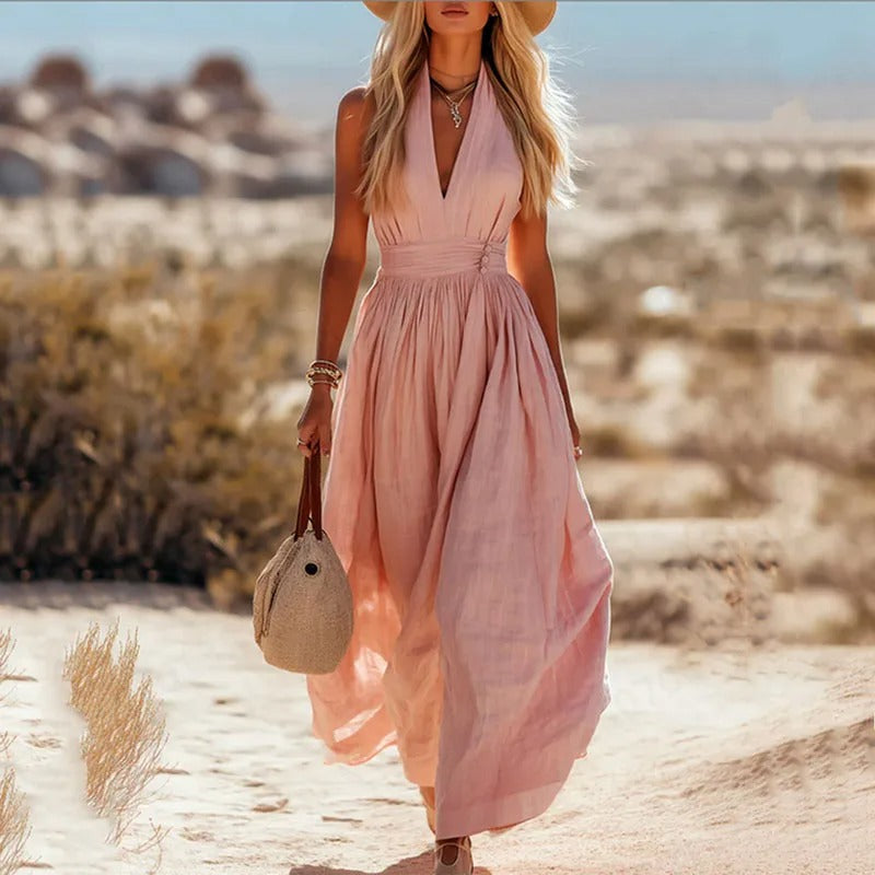 Women's Bohemian Sleeveless Halter Linen Maxi Dress