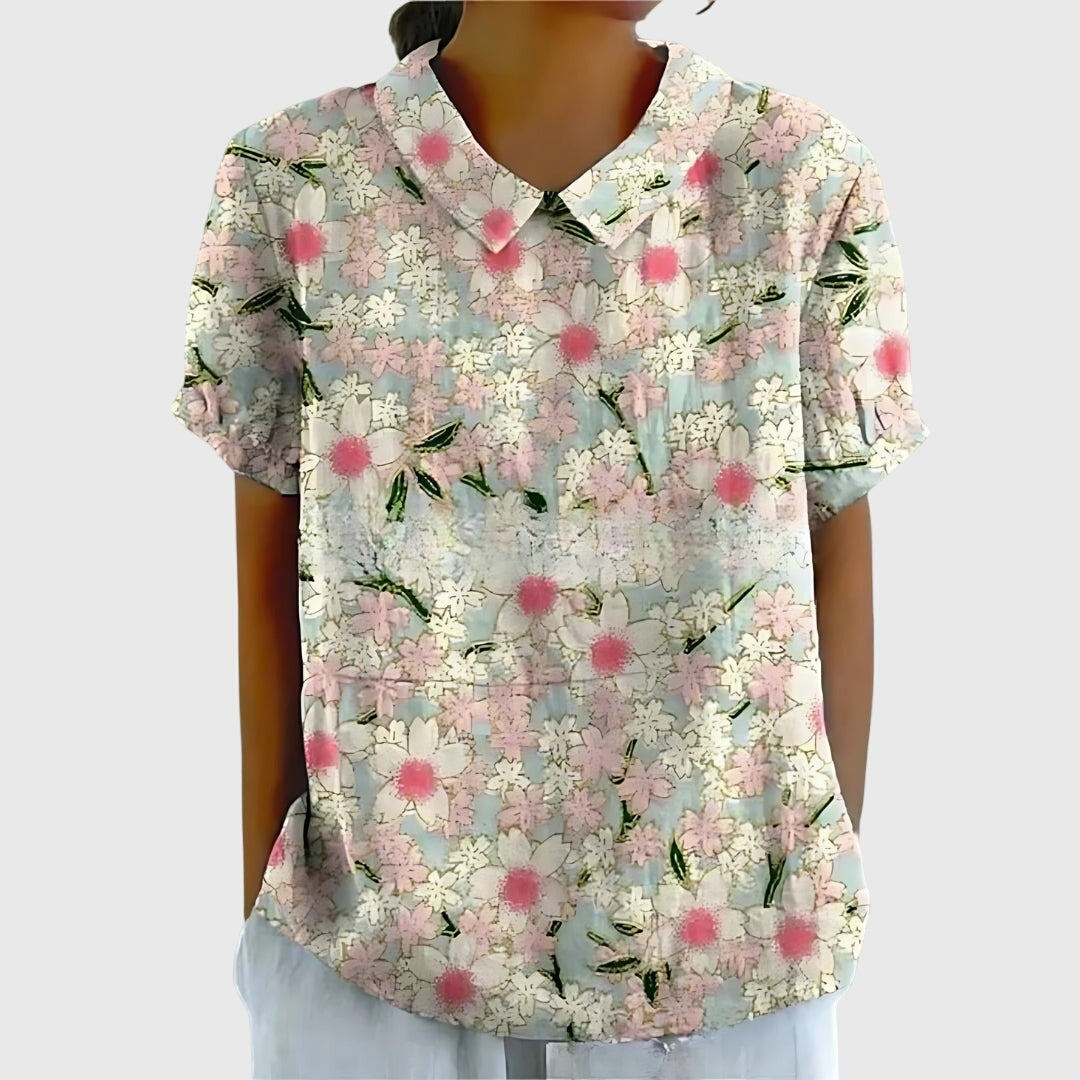 Women's Short-Sleeve Blouse with Floral Accent Collar