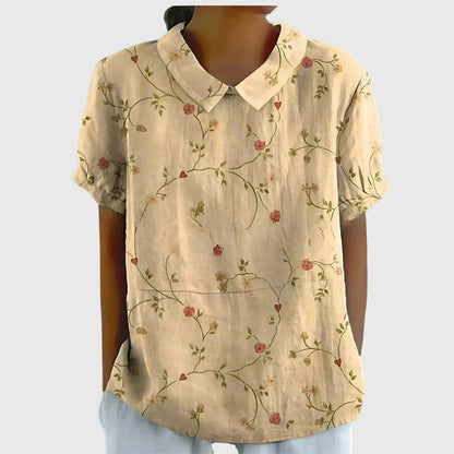Women's Short-Sleeve Blouse with Floral Accent Collar