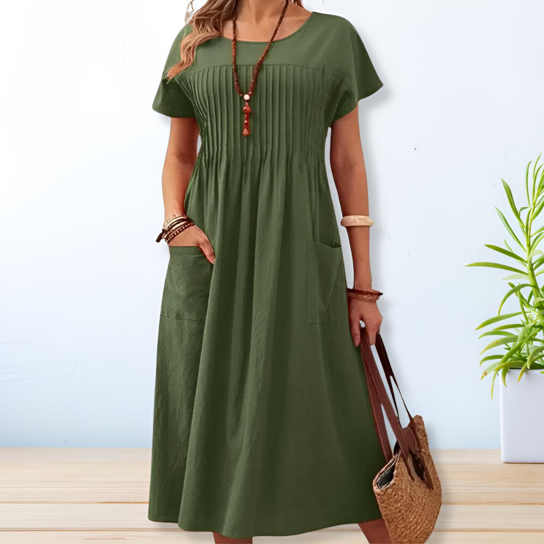 Women's Short-Sleeve Pleated Midi Dress