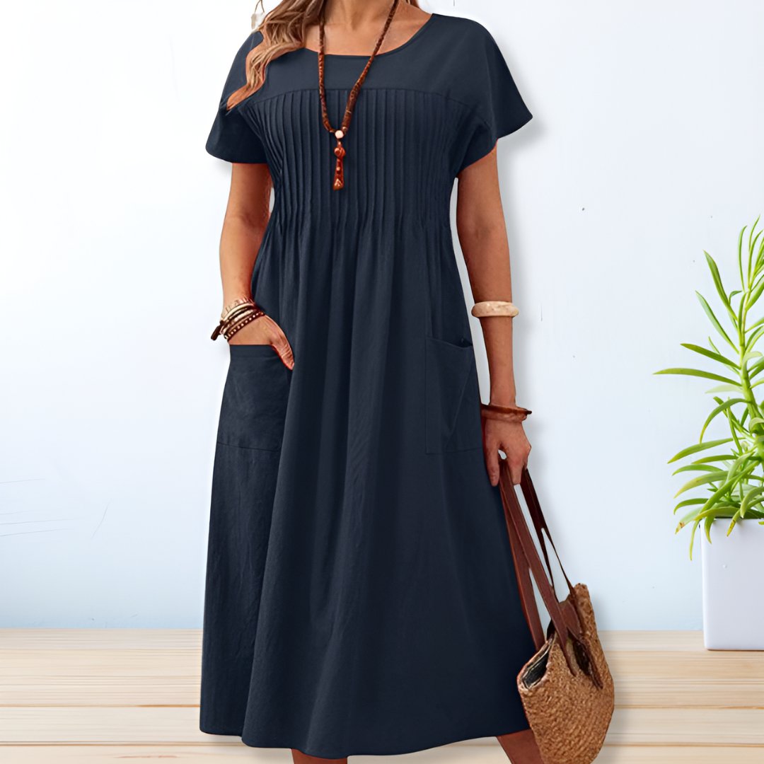 Women's Short-Sleeve Pleated Midi Dress
