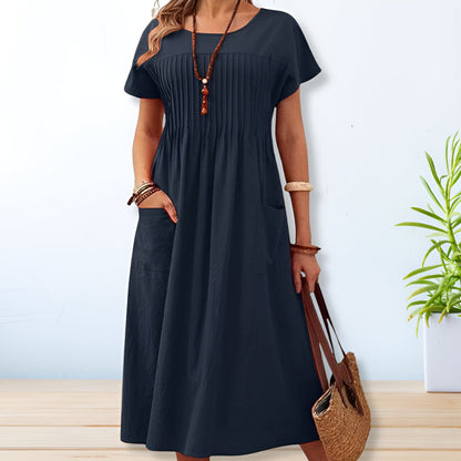Women's Short-Sleeve Pleated Midi Dress