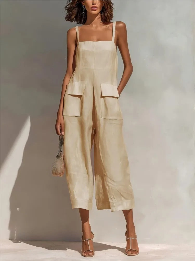 Women's Belted Linen Midi Dress with Pockets