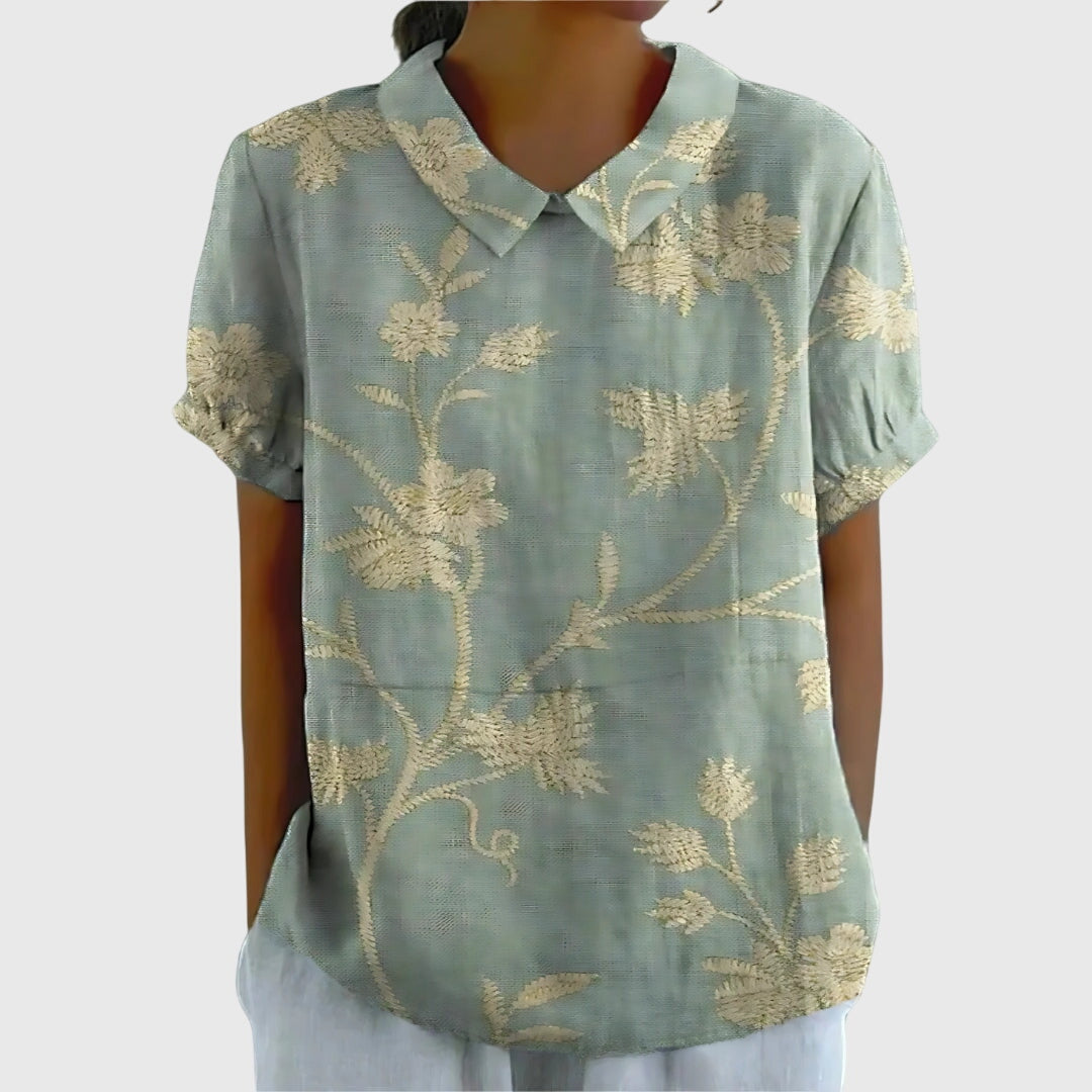 Women's Short-Sleeve Blouse with Floral Accent Collar