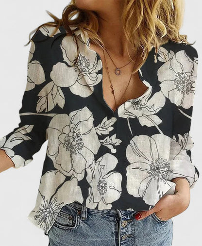 Women's Button-Front V-Neck Linen Blouse