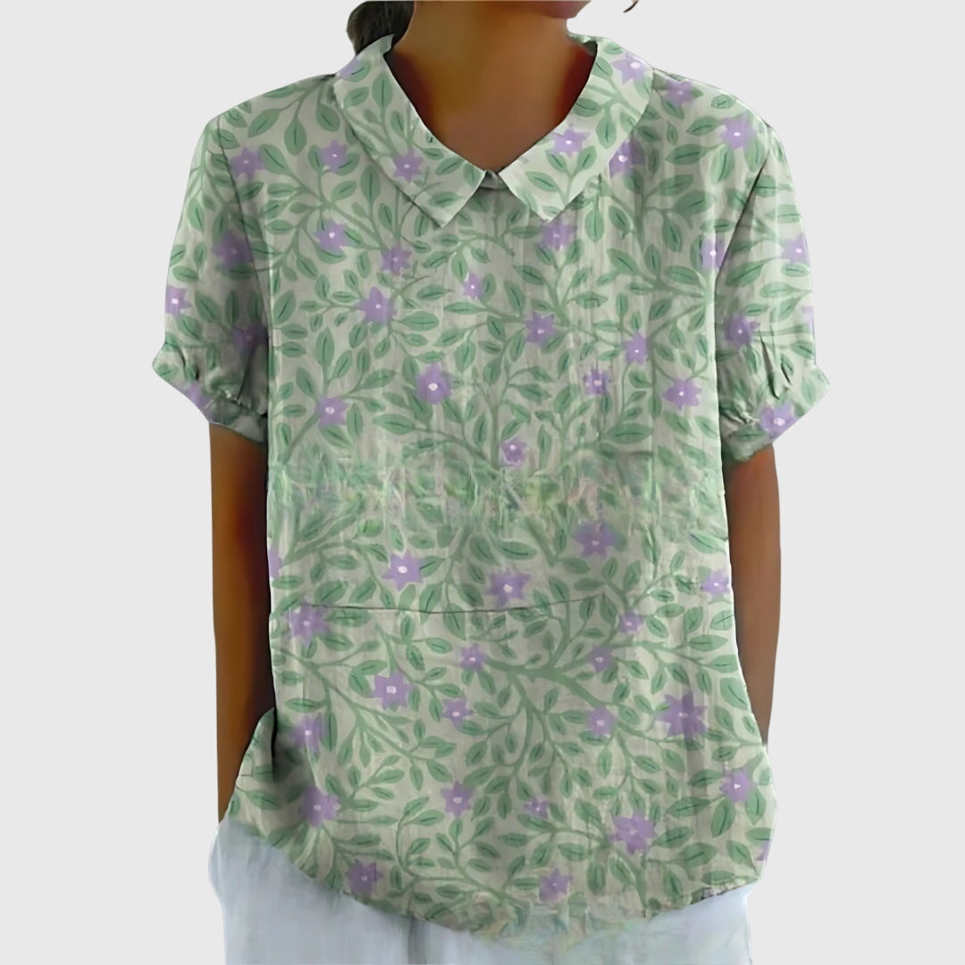 Women's Short-Sleeve Blouse with Floral Accent Collar