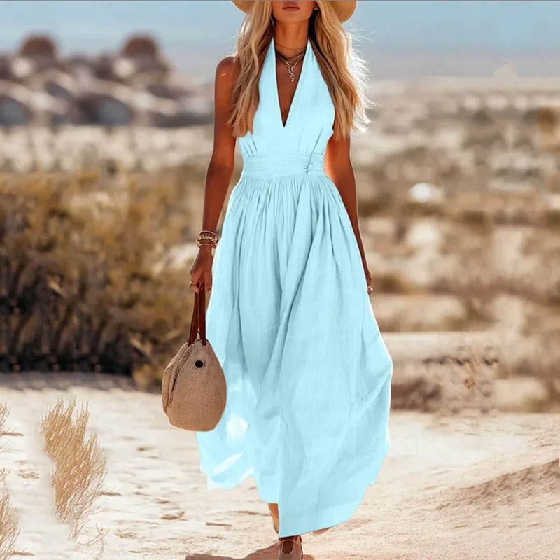 Women's Bohemian Sleeveless Halter Linen Maxi Dress