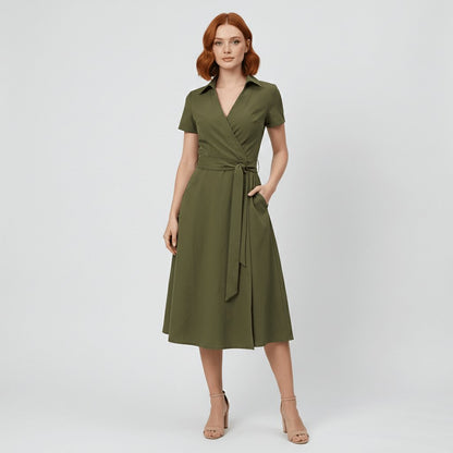 Women's Belted Short Sleeve V-Neck Wrap Midi A-Line Dress