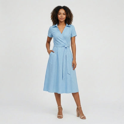 Women's Belted Short Sleeve V-Neck Wrap Midi A-Line Dress