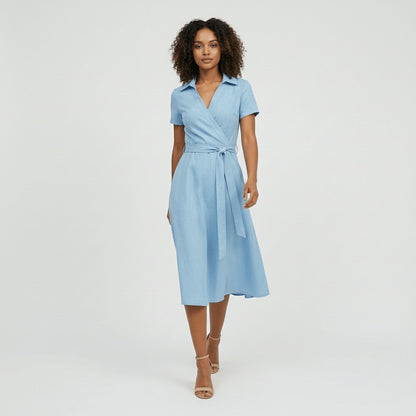 Women's Belted Short Sleeve V-Neck Wrap Midi A-Line Dress