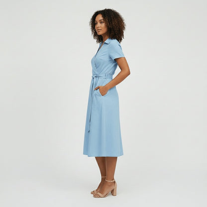 Women's Belted Short Sleeve V-Neck Wrap Midi A-Line Dress